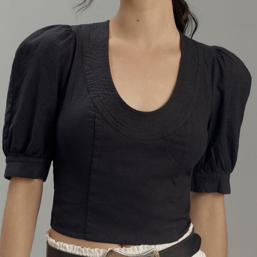 NWT Anthropologie Puff Sleeve Scoop Neck Black Linen Top Womens Large